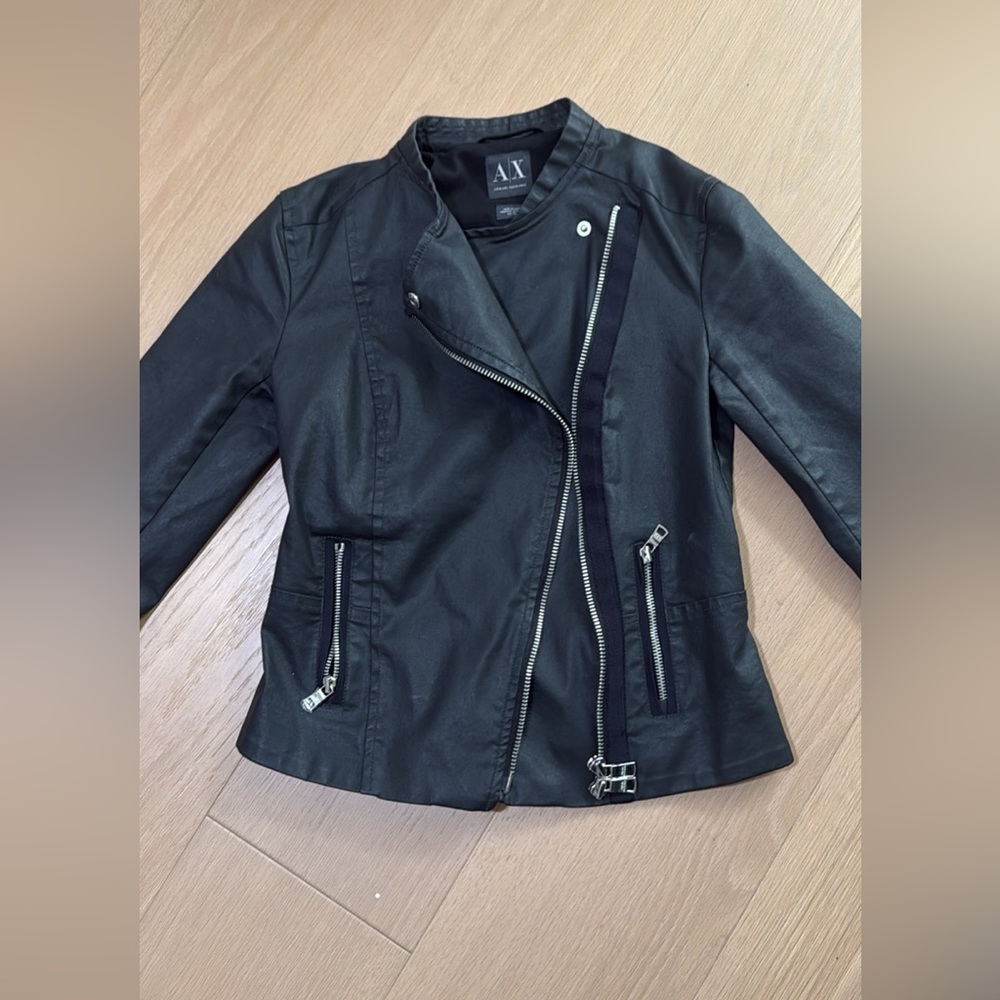 Armani Exchange Black Faux Leather Asymmetrical Zip Jacket